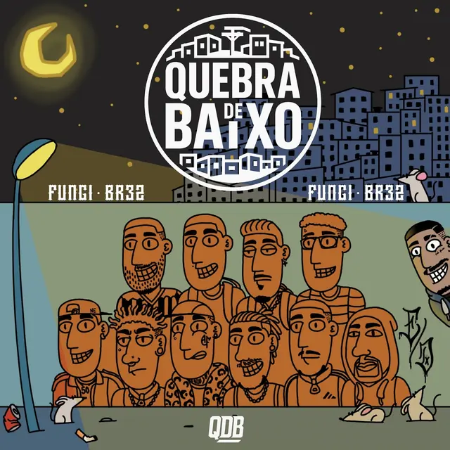 Capa da Quebrada de Baixo: os MCs desenhados em laranja na rua, debaixo de um poste aceso, com a favela e a lua ao fundo